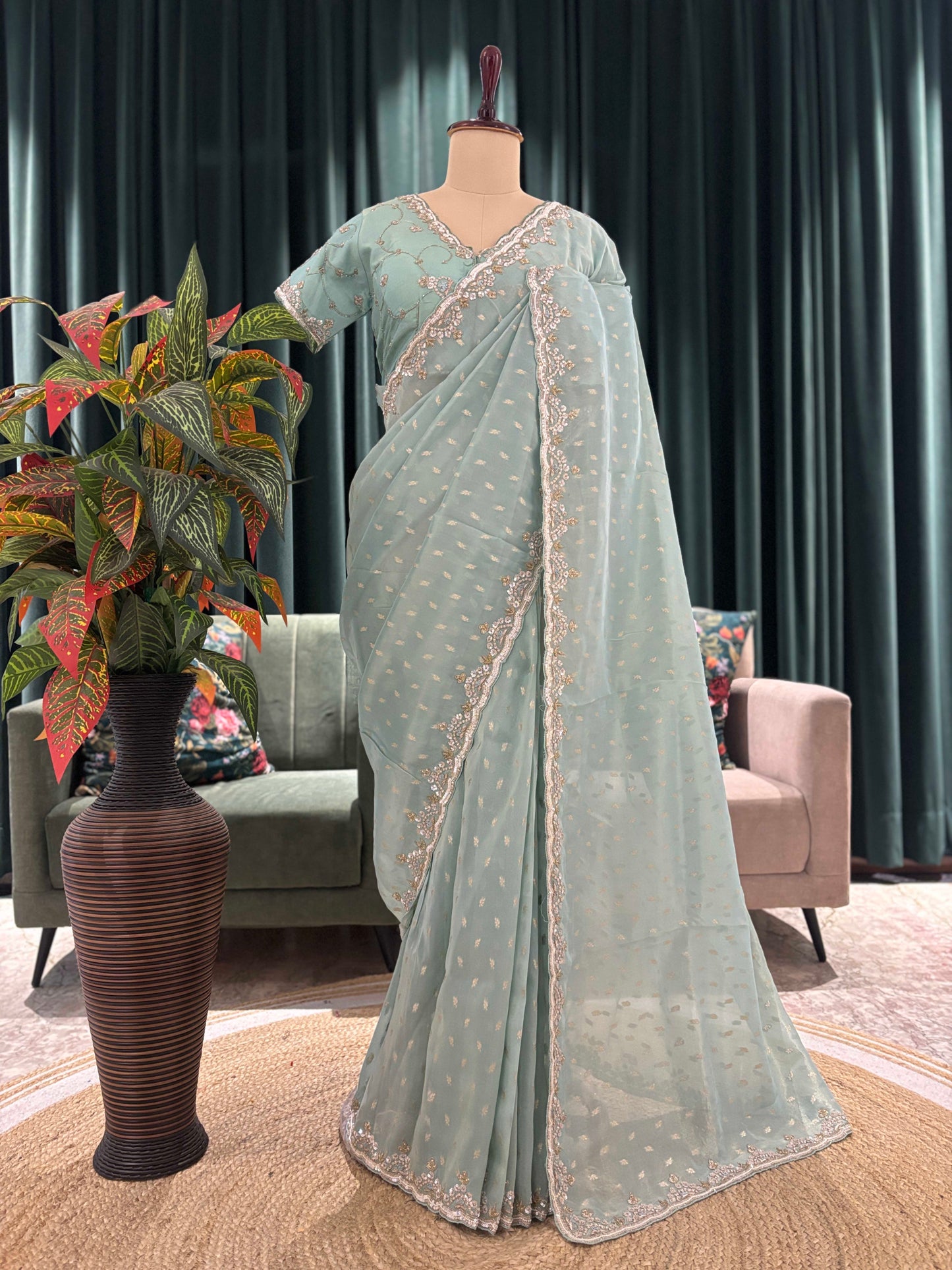 Sea Green Embroidered Saree With Sequin Border Party Wear