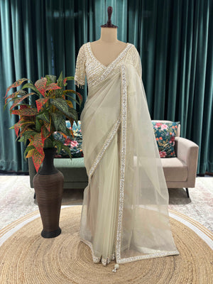 Ivory Embroidered Saree with Heavy Work Blouse