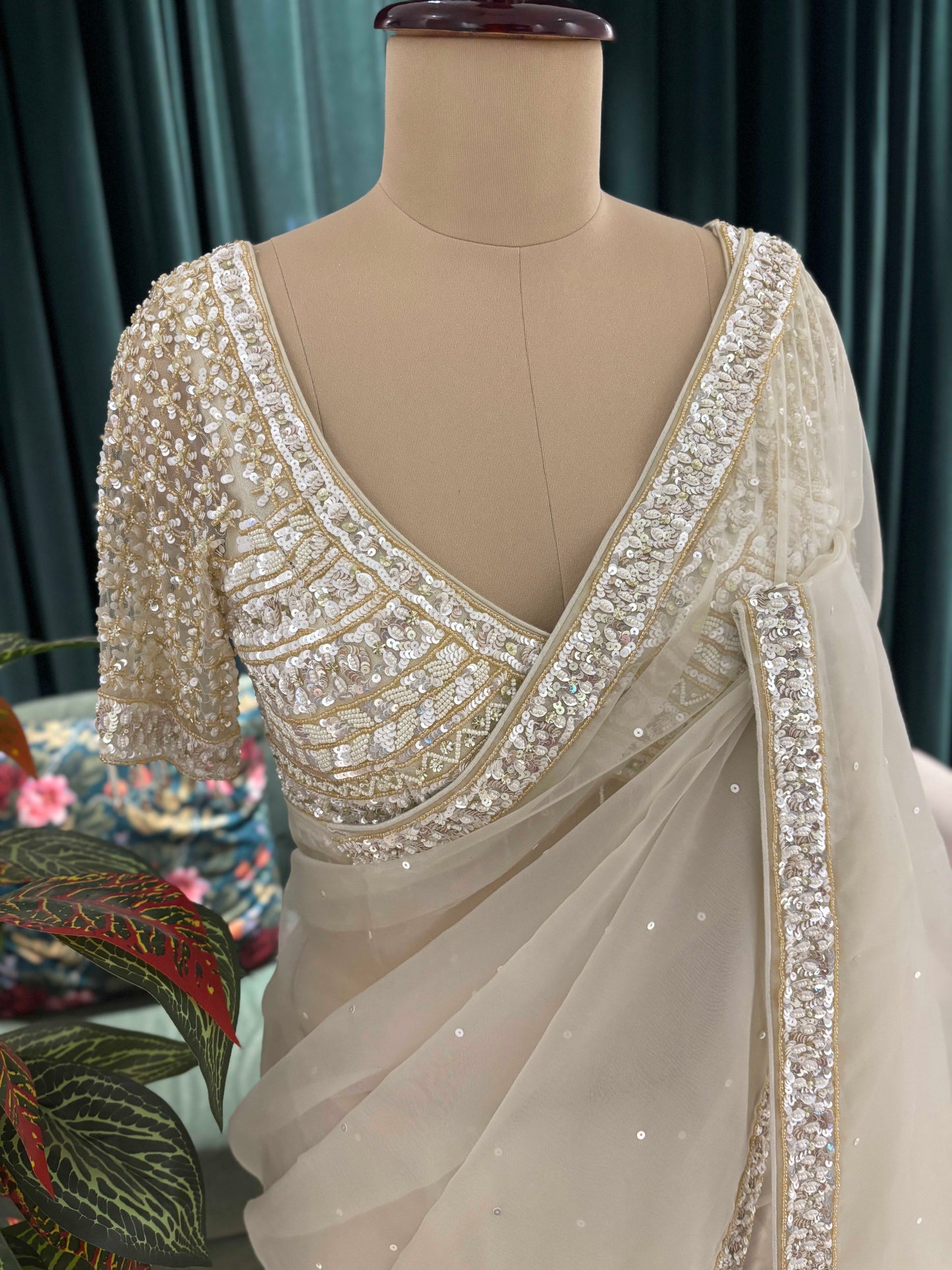 Ivory Embroidered Saree with Heavy Work Blouse