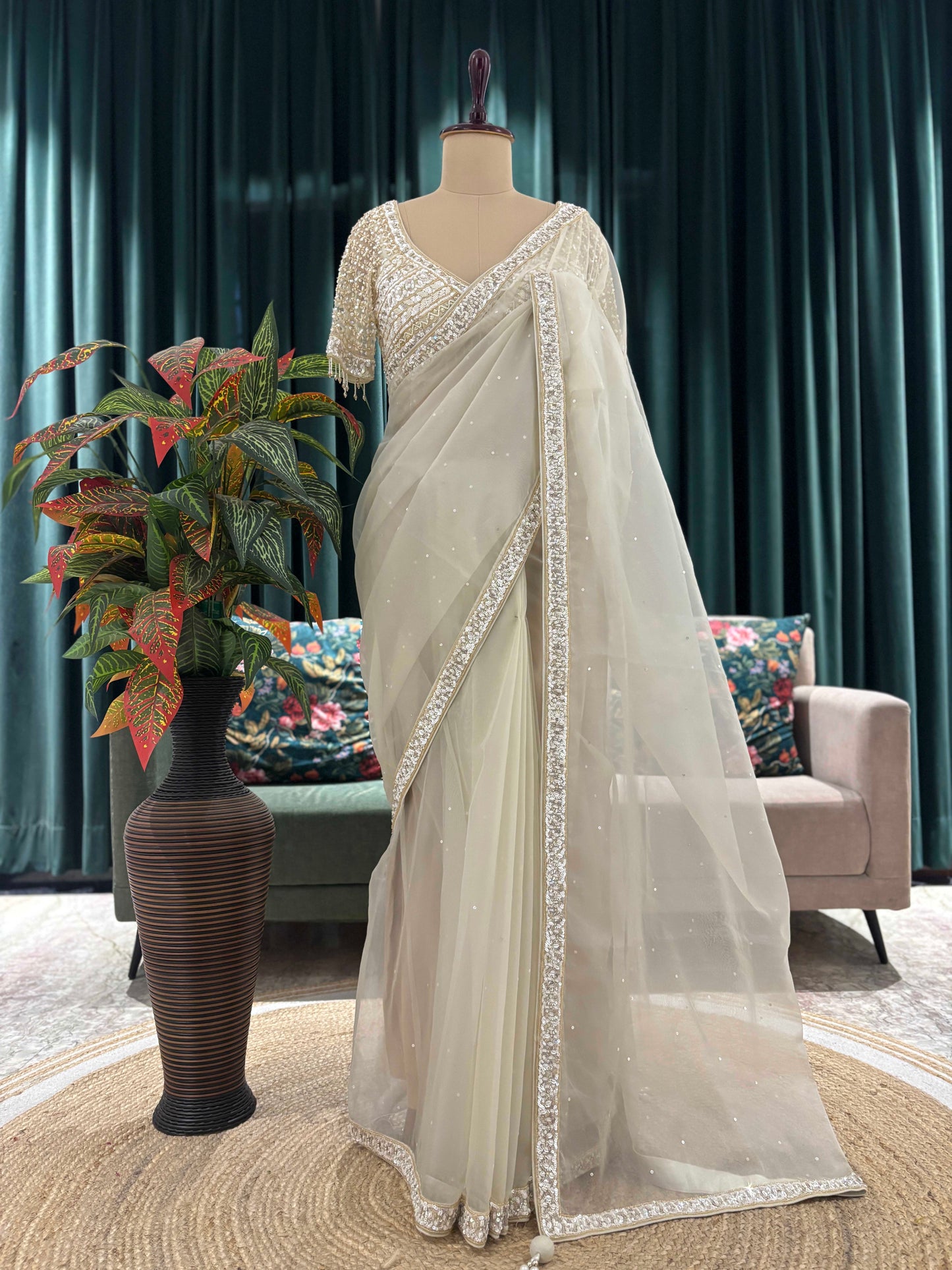 Ivory Embroidered Saree with Heavy Work Blouse