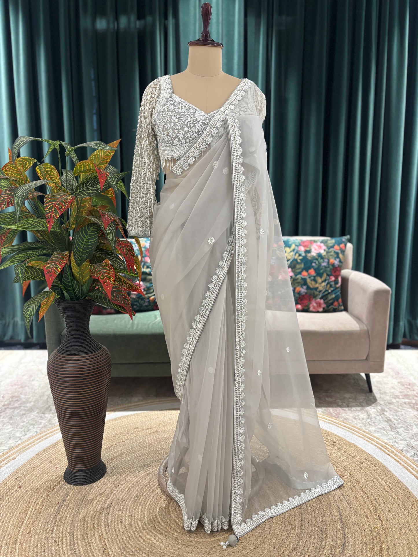 Ivory Grey Net Saree with Heavy Embroidered Blouse