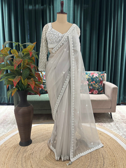 Ivory Grey Net Saree with Heavy Embroidered Blouse