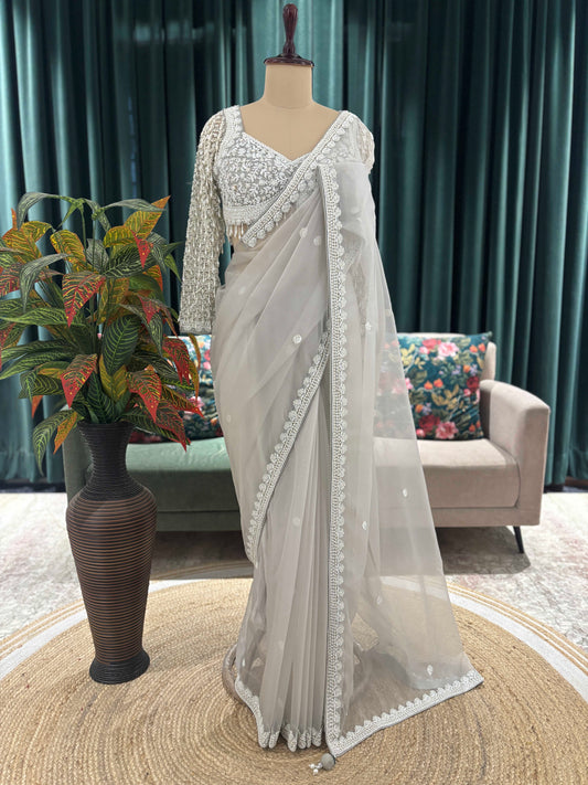 Ivory Grey Net Saree with Heavy Embroidered Blouse