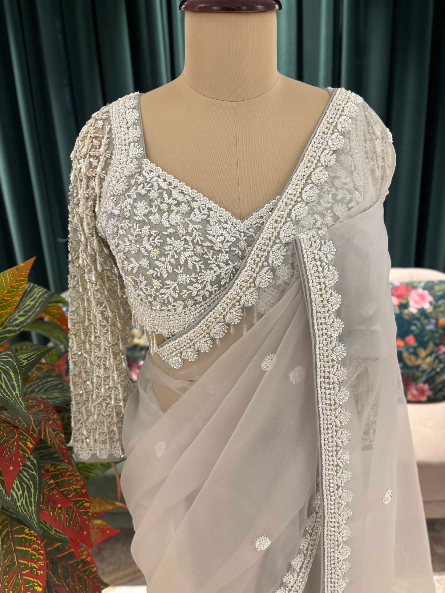Ivory Grey Net Saree with Heavy Embroidered Blouse