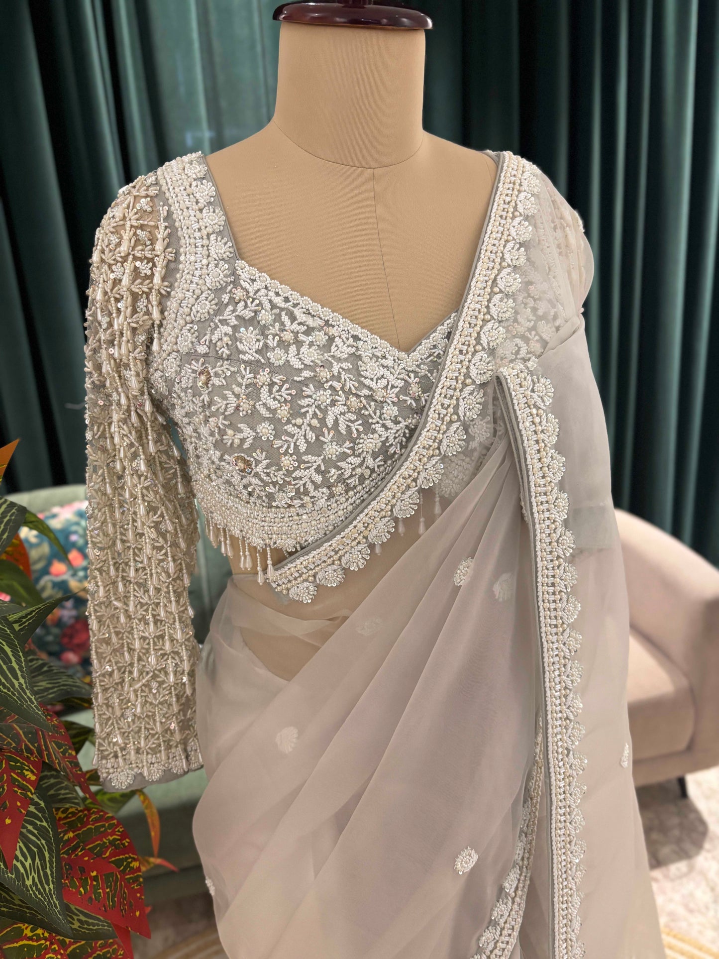 Ivory Grey Net Saree with Heavy Embroidered Blouse