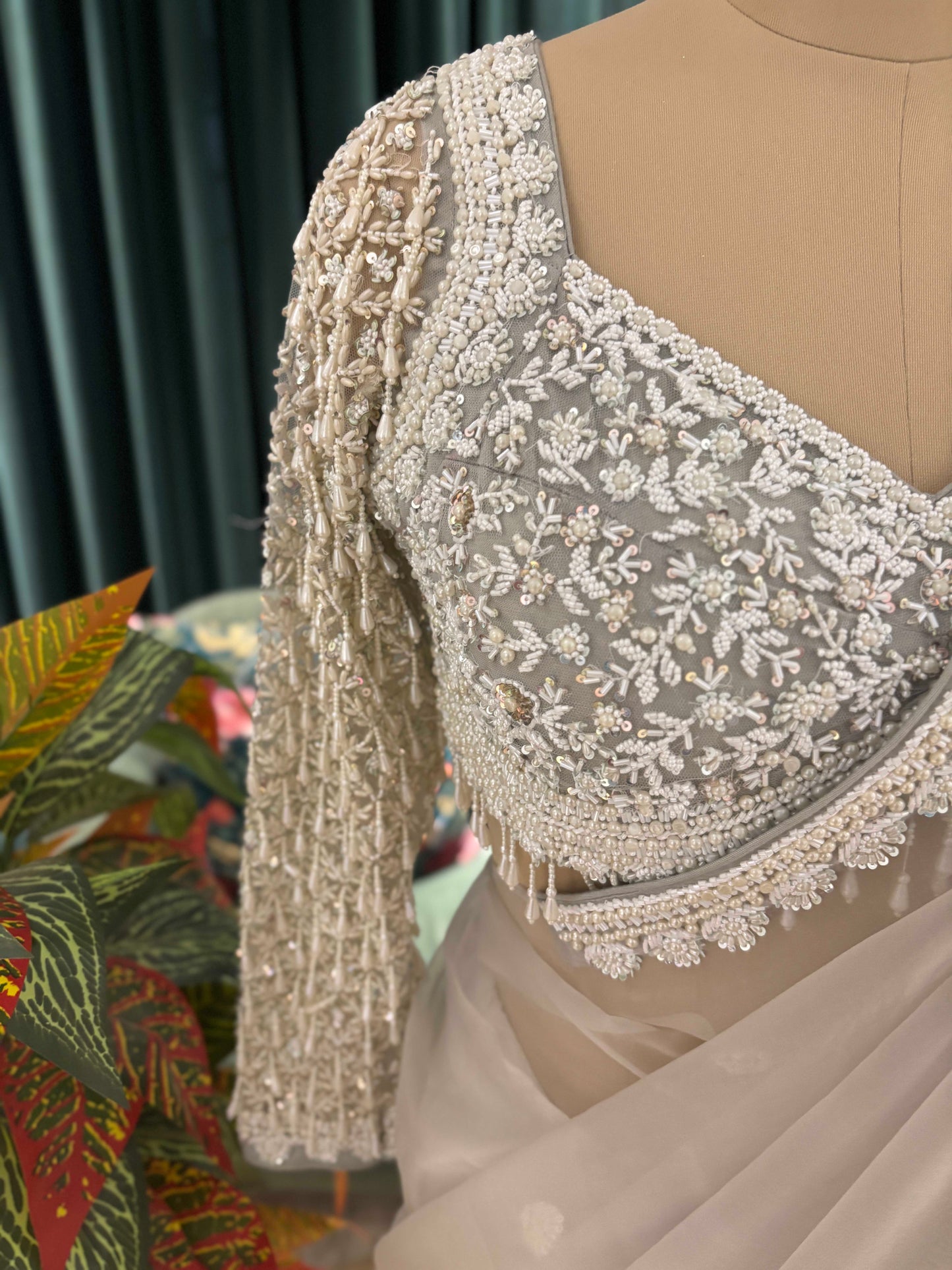 Ivory Grey Net Saree with Heavy Embroidered Blouse