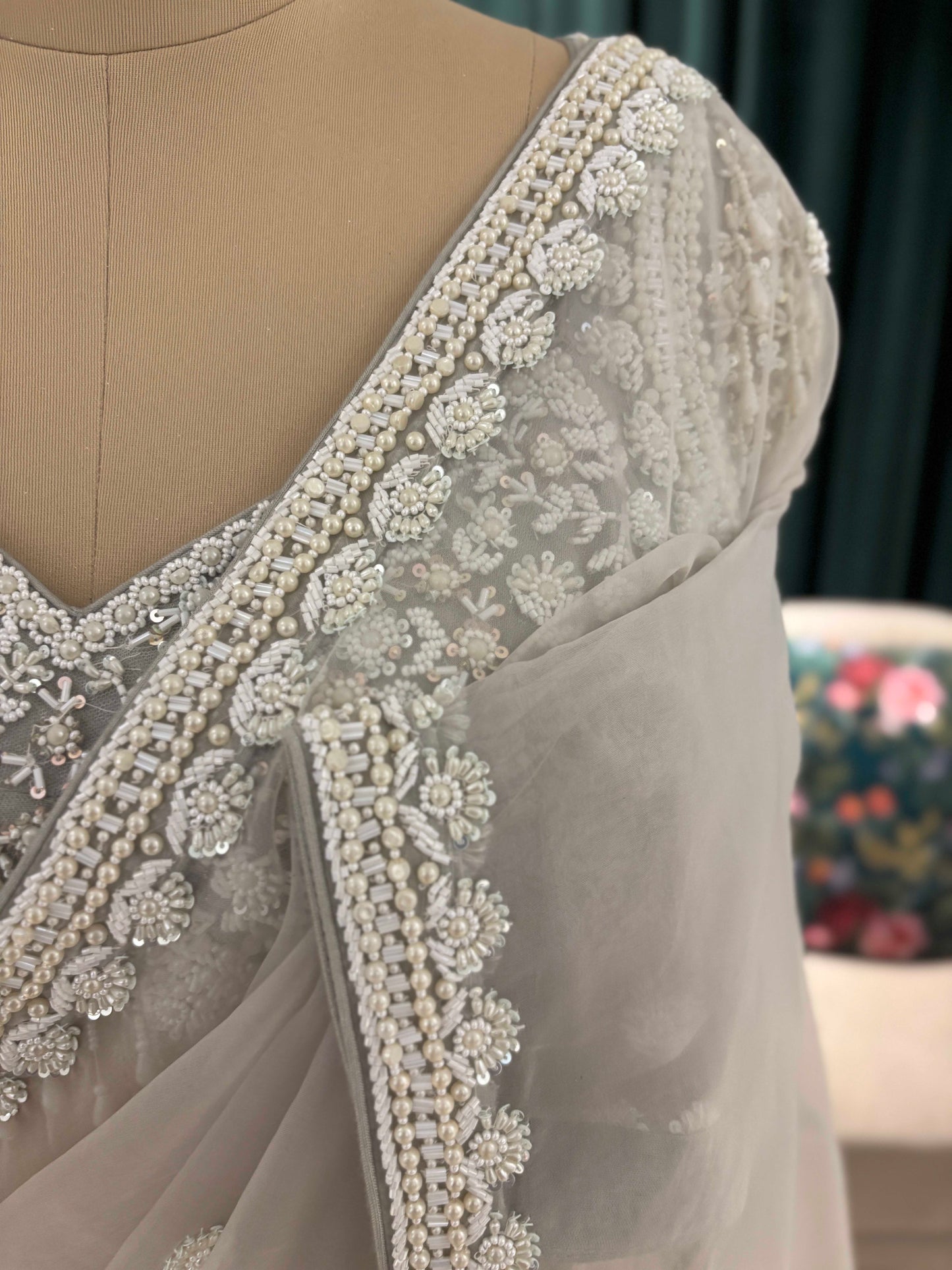 Ivory Grey Net Saree with Heavy Embroidered Blouse