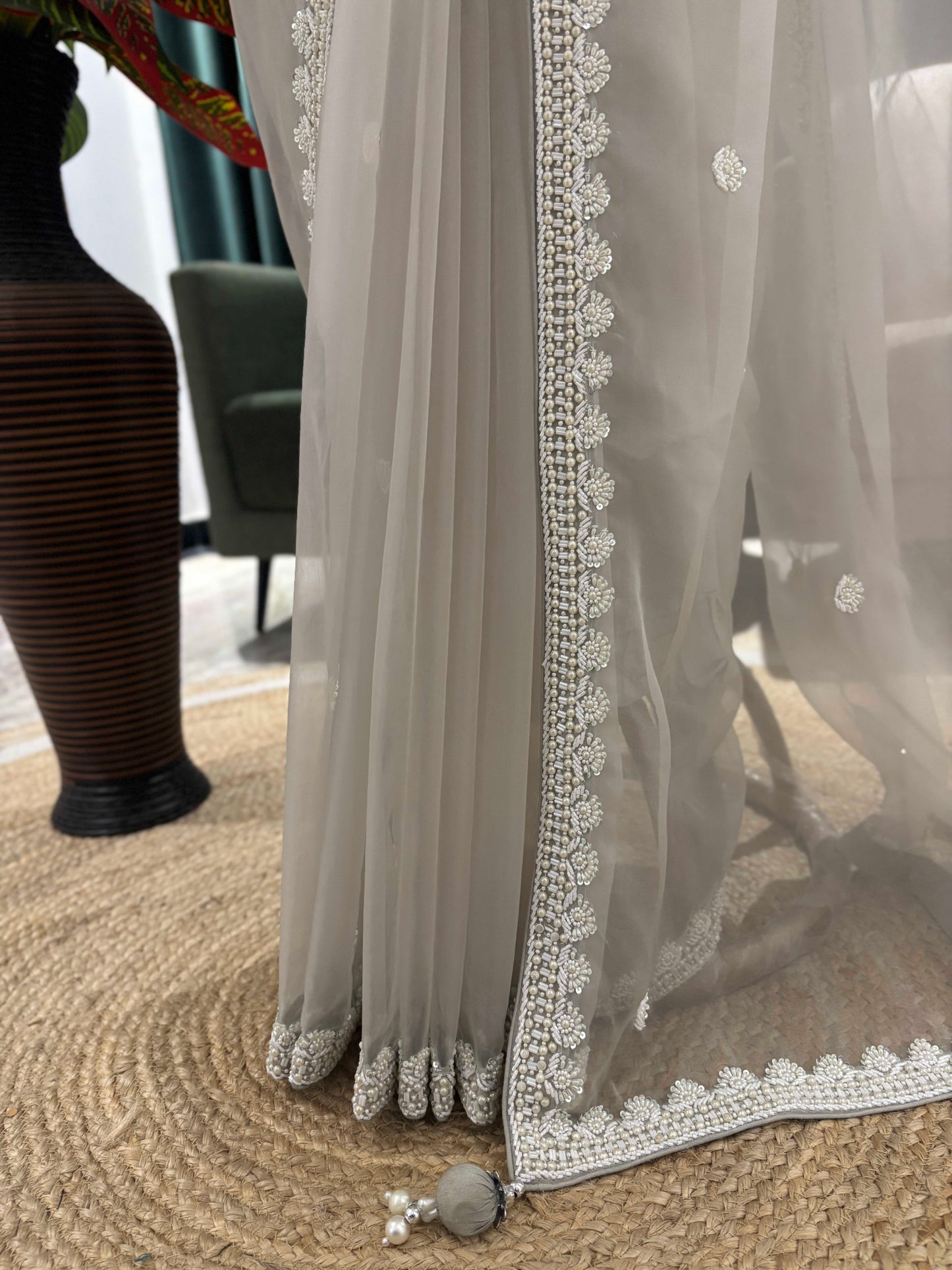 Ivory Grey Net Saree with Heavy Embroidered Blouse