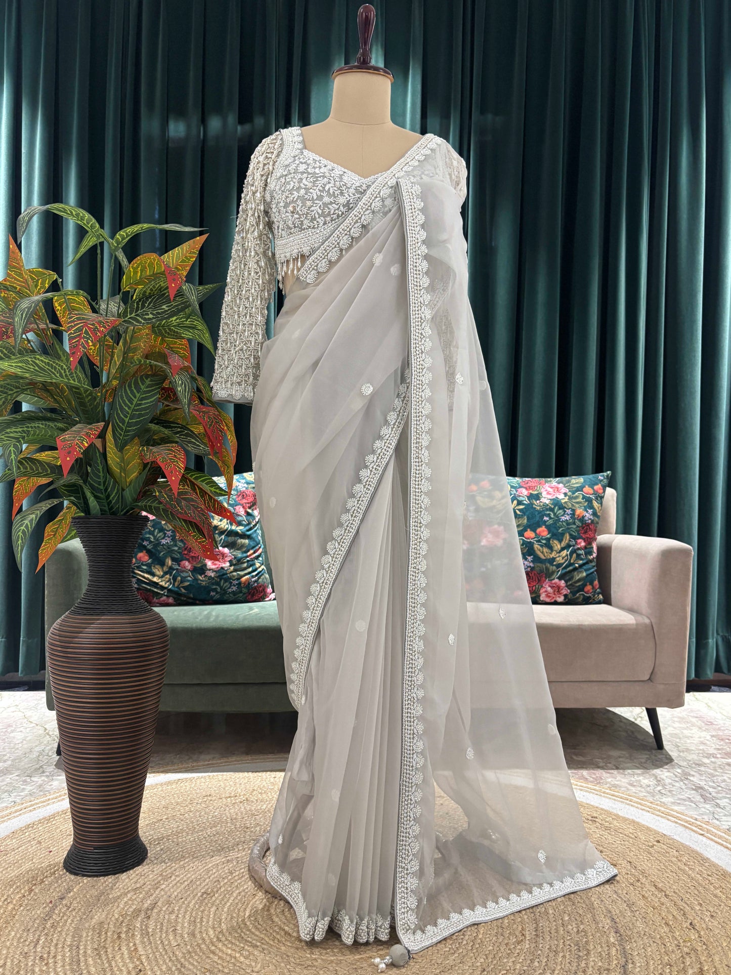 Ivory Grey Net Saree with Heavy Embroidered Blouse
