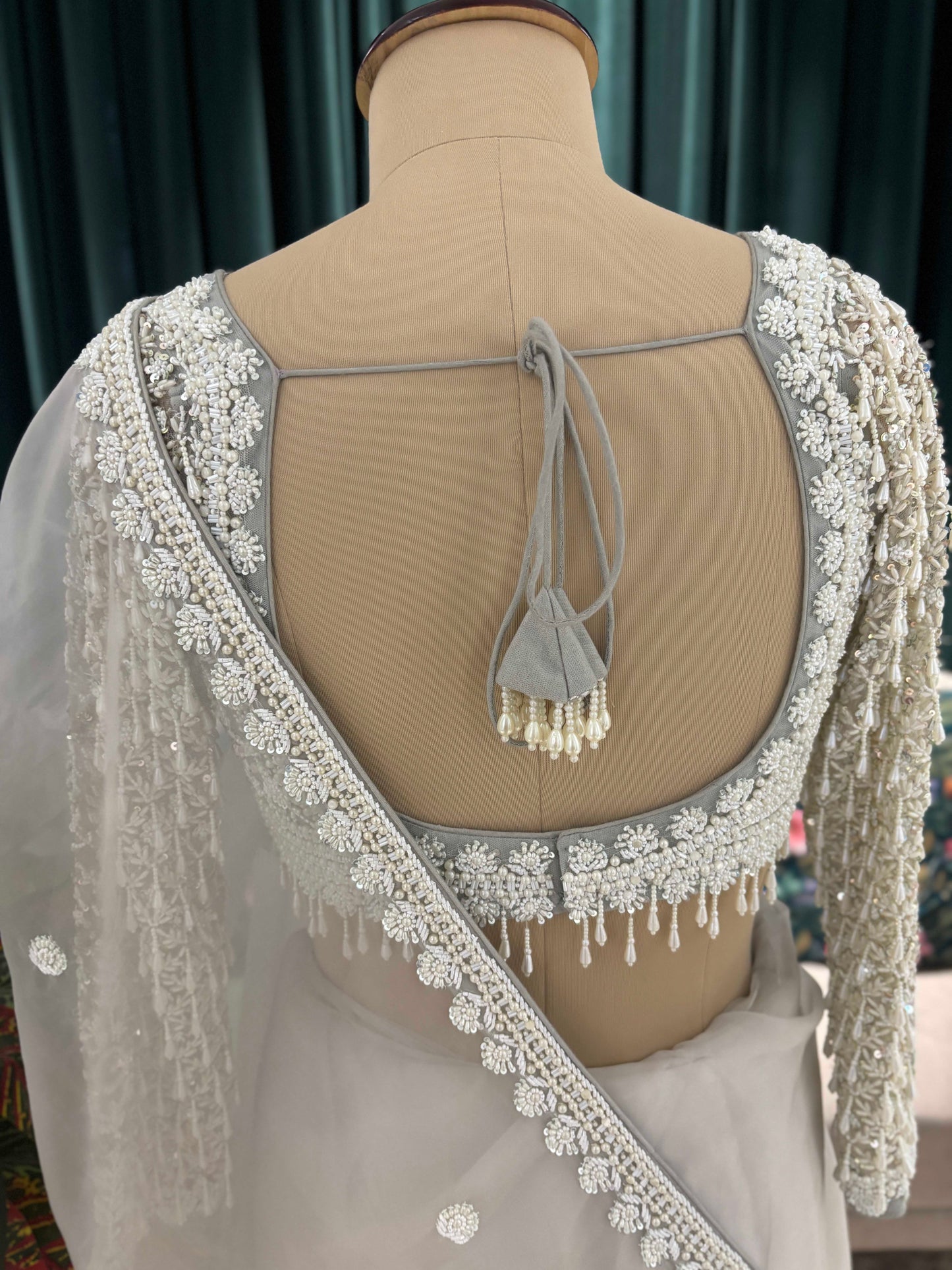 Ivory Grey Net Saree with Heavy Embroidered Blouse