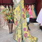 Mustard Yellow Floral Designer Saree with Green Embellished Border