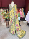 Mustard Yellow Floral Designer Saree with Green Embellished Border