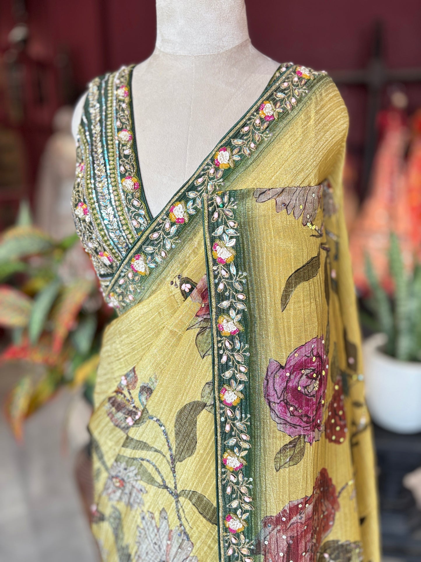 Mustard Yellow Floral Designer Saree with Green Embellished Border