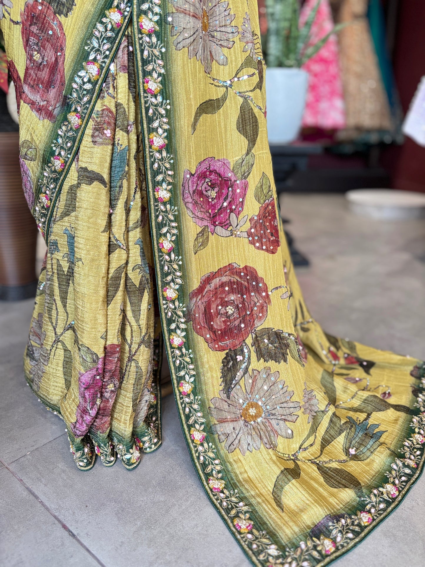 Mustard Yellow Floral Designer Saree with Green Embellished Border