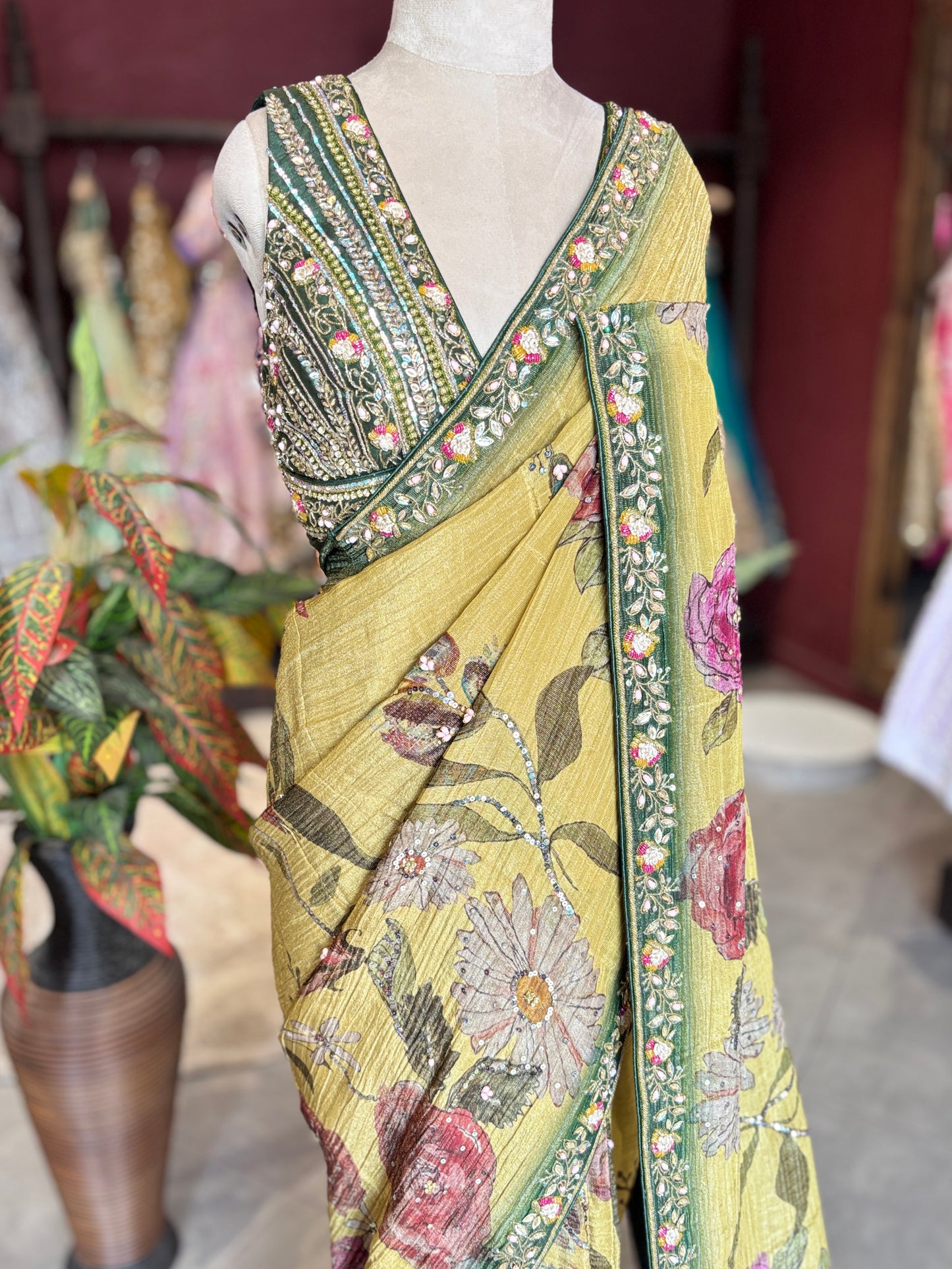 Mustard Yellow Floral Designer Saree with Green Embellished Border