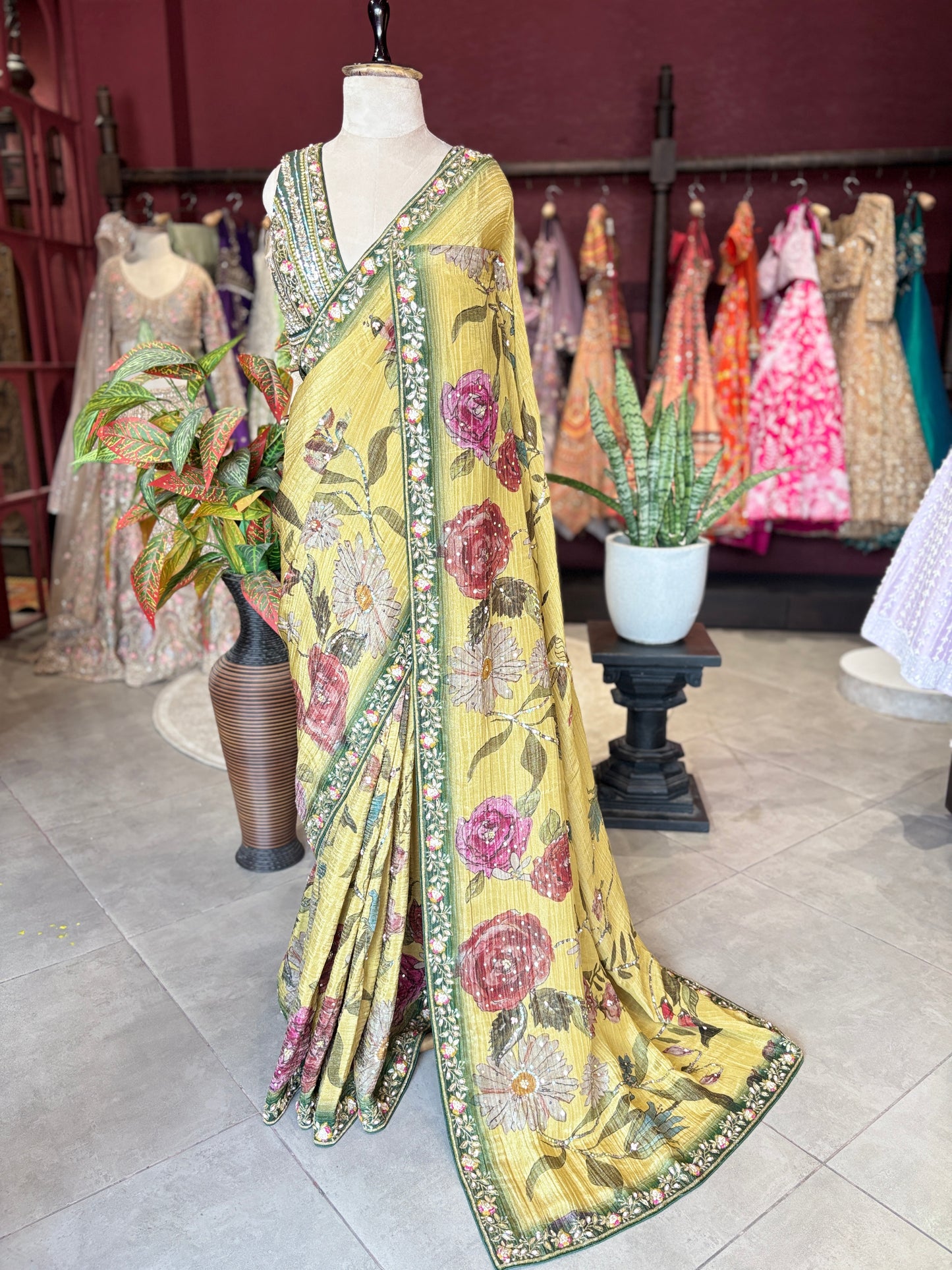 Mustard Yellow Floral Designer Saree with Green Embellished Border
