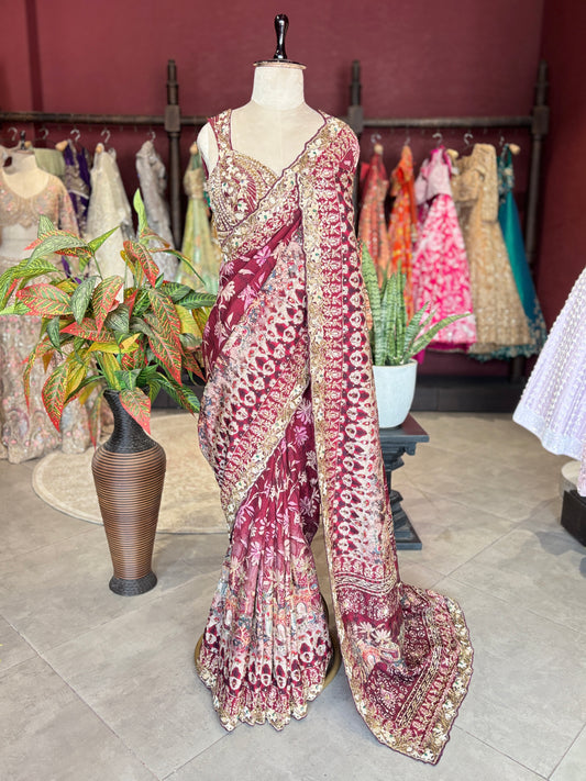 Wine Designer Saree with Heavy Embroidered Border & Floral Print Work