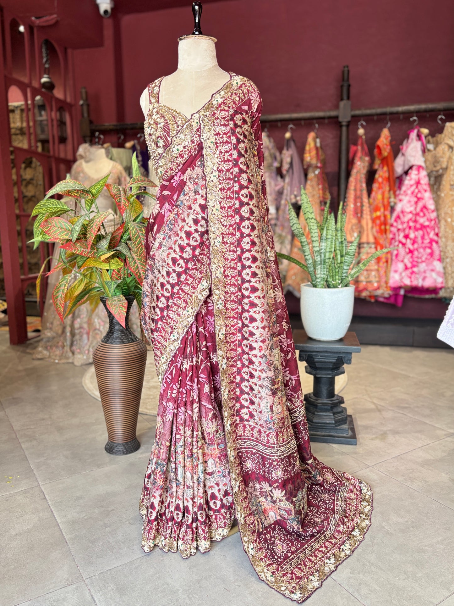 Wine Designer Saree with Heavy Embroidered Border & Floral Print Work