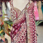 Wine Designer Saree with Heavy Embroidered Border & Floral Print Work