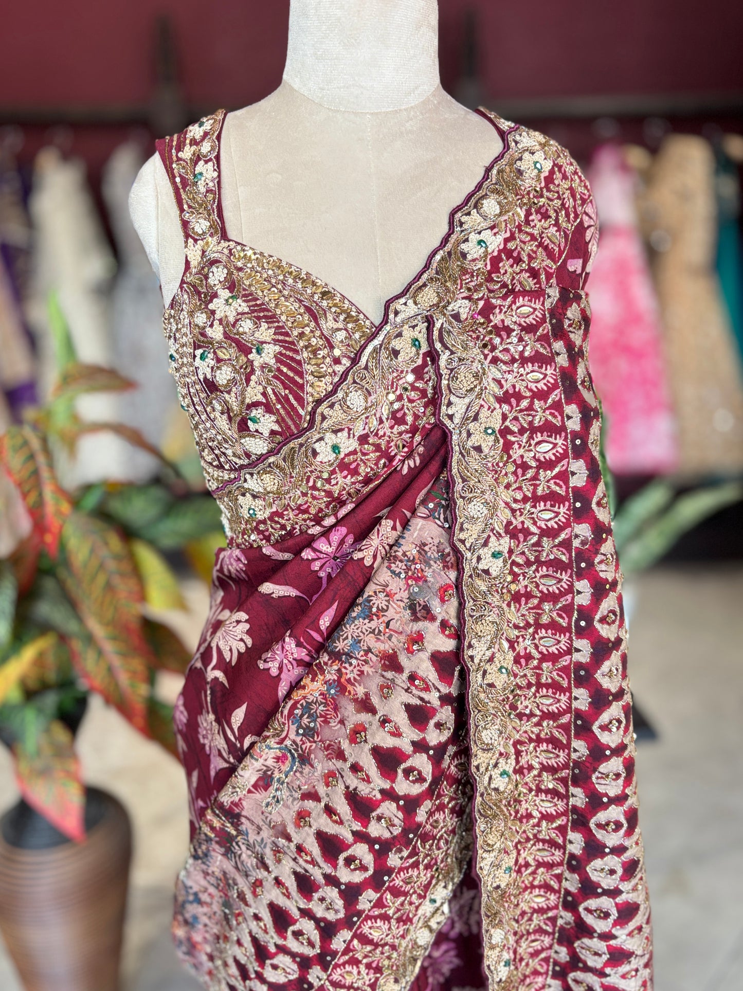 Wine Designer Saree with Heavy Embroidered Border & Floral Print Work