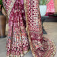 Wine Designer Saree with Heavy Embroidered Border & Floral Print Work