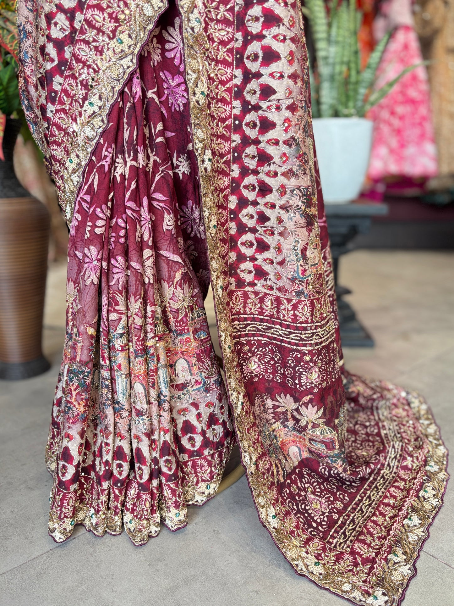 Wine Designer Saree with Heavy Embroidered Border & Floral Print Work