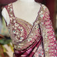 Wine Designer Saree with Heavy Embroidered Border & Floral Print Work