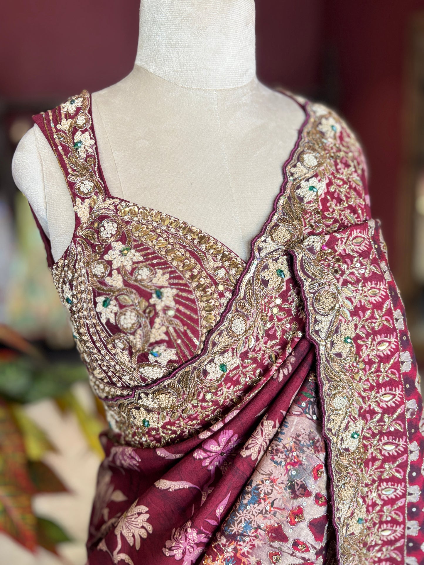 Wine Designer Saree with Heavy Embroidered Border & Floral Print Work