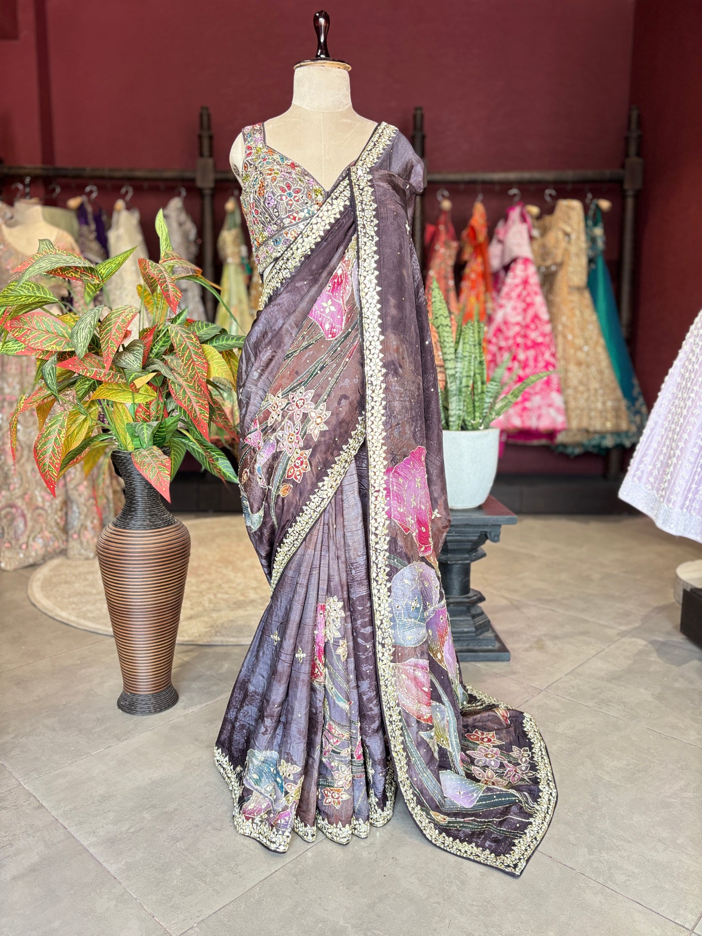 Smoky Brown Designer Saree with Floral Print & Embellished Border