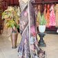 Smoky Brown Designer Saree with Floral Print & Embellished Border