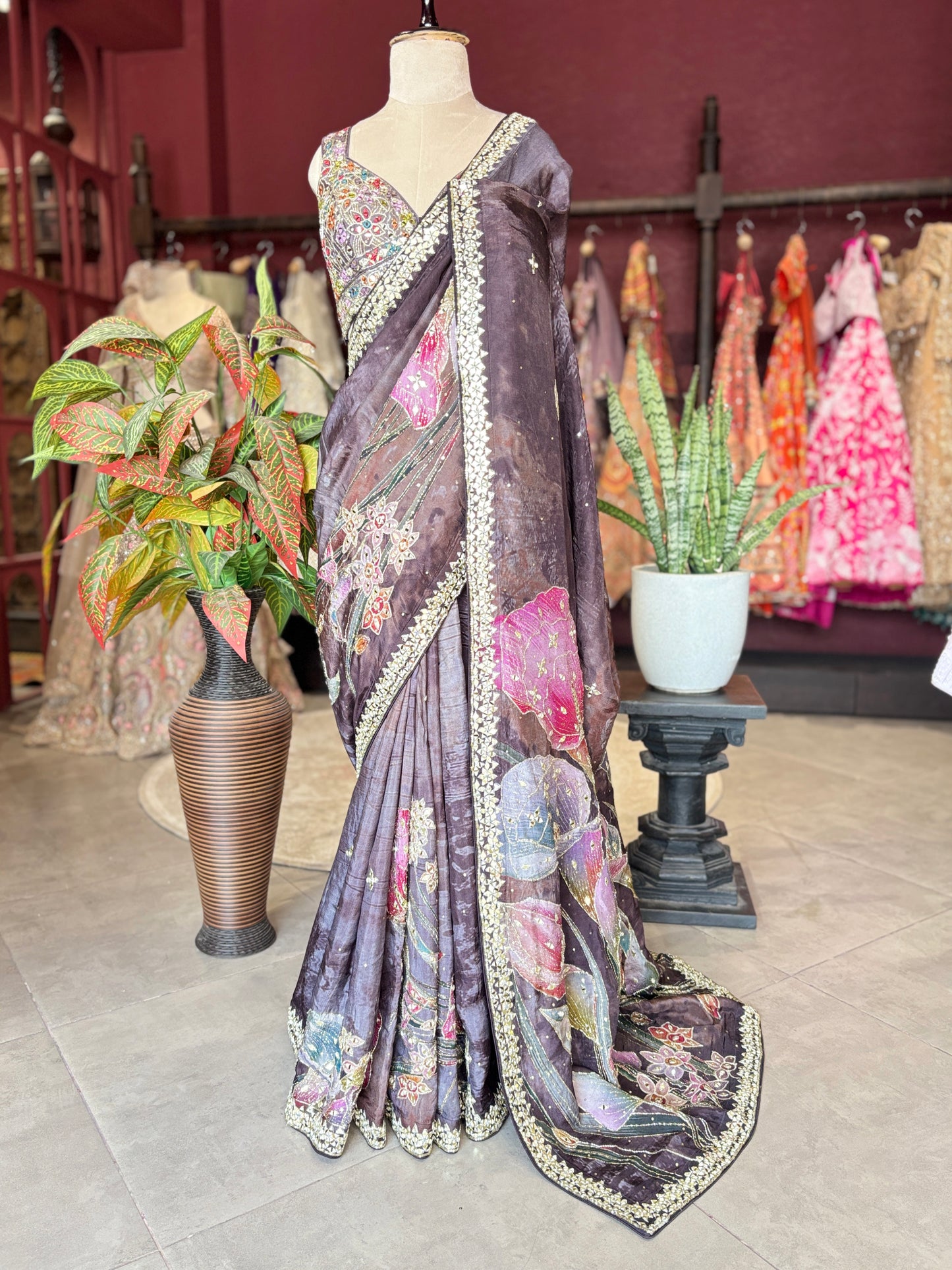 Smoky Brown Designer Saree with Floral Print & Embellished Border