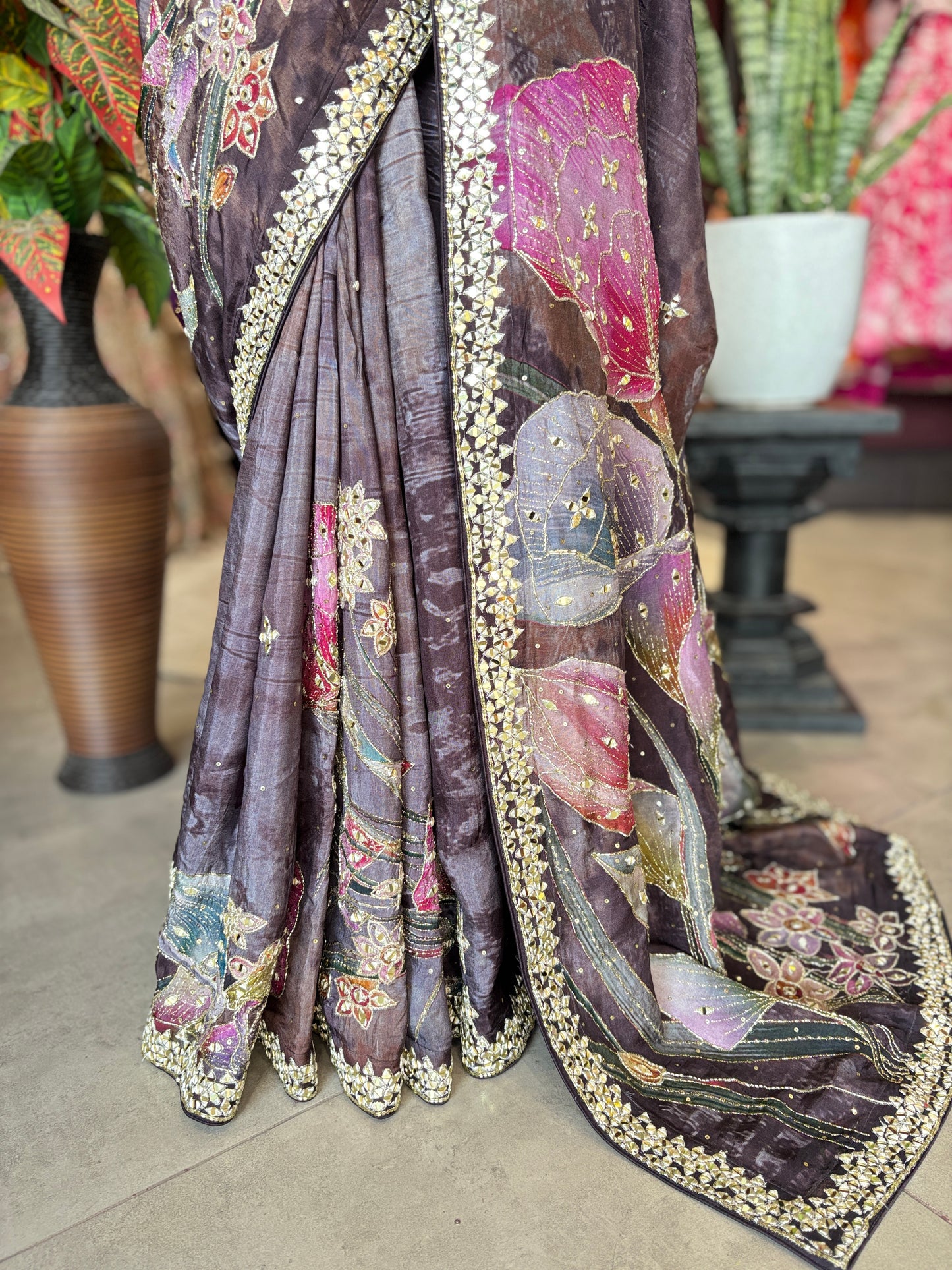 Smoky Brown Designer Saree with Floral Print & Embellished Border