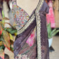 Smoky Brown Designer Saree with Floral Print & Embellished Border