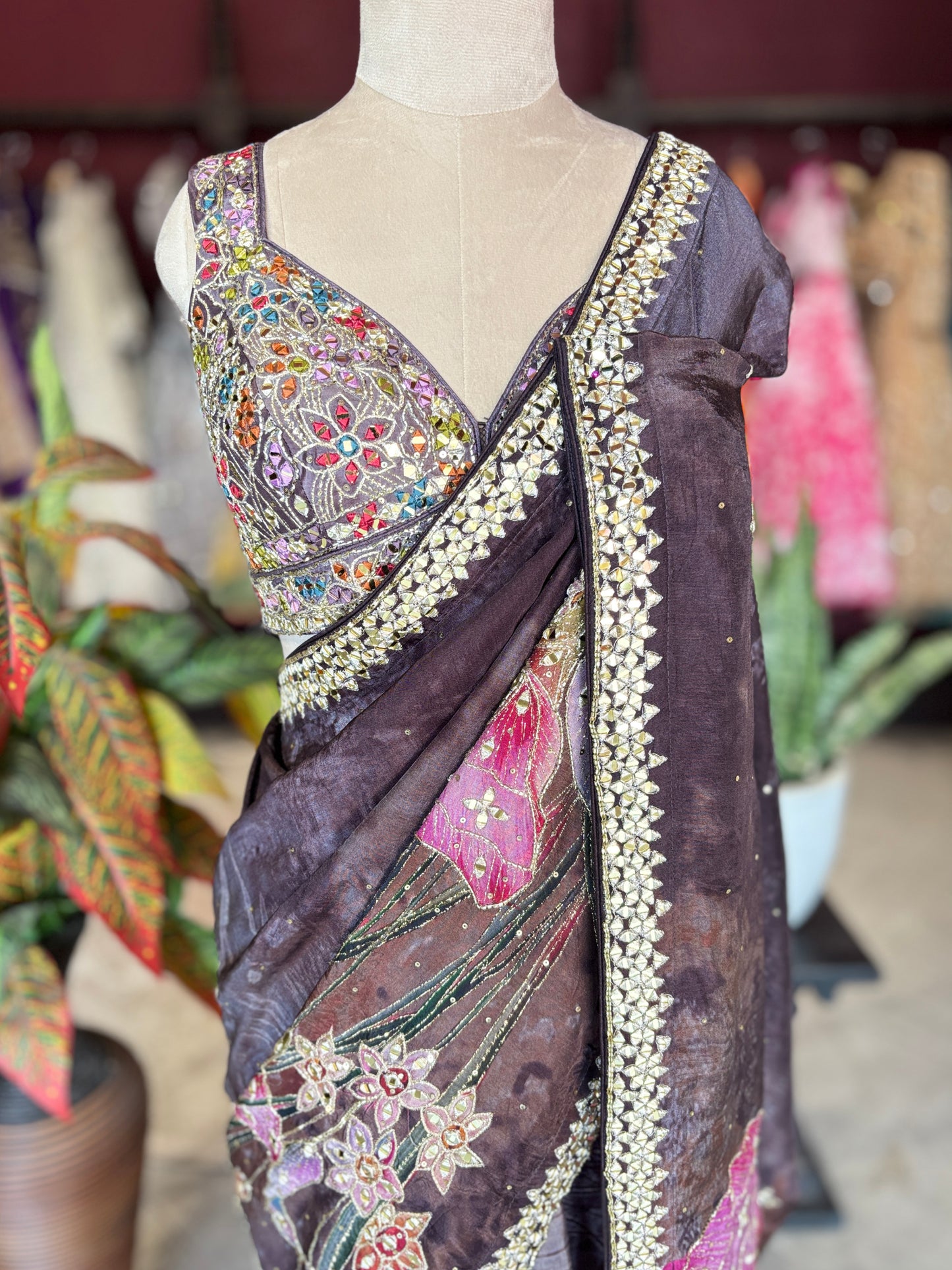 Smoky Brown Designer Saree with Floral Print & Embellished Border