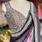Smoky Brown Designer Saree with Floral Print & Embellished Border