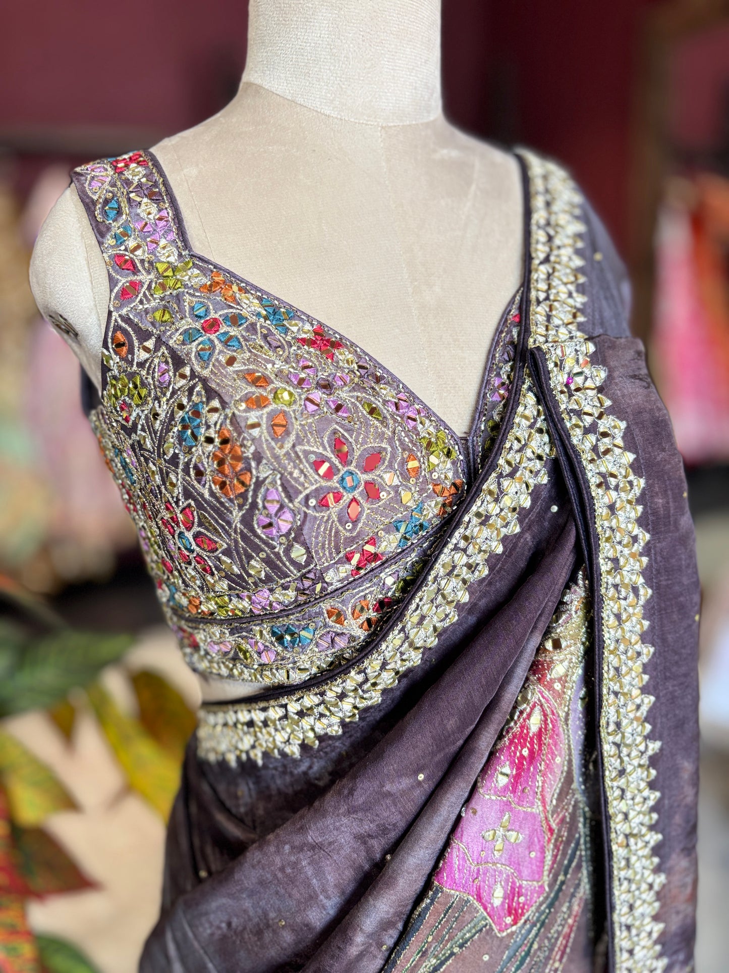 Smoky Brown Designer Saree with Floral Print & Embellished Border