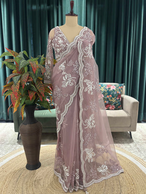 Mauve Embroidered Saree with Scalloped Floral Border