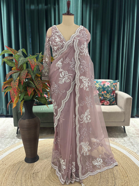 Mauve Embroidered Saree with Scalloped Floral Border