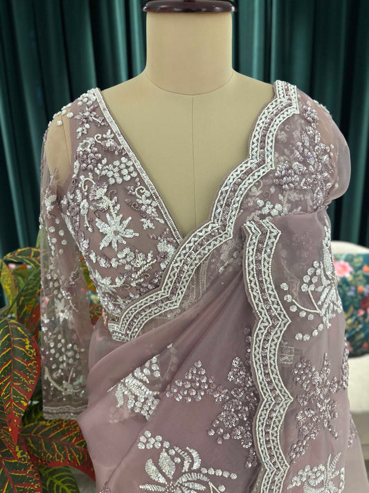 Mauve Embroidered Saree with Scalloped Floral Border