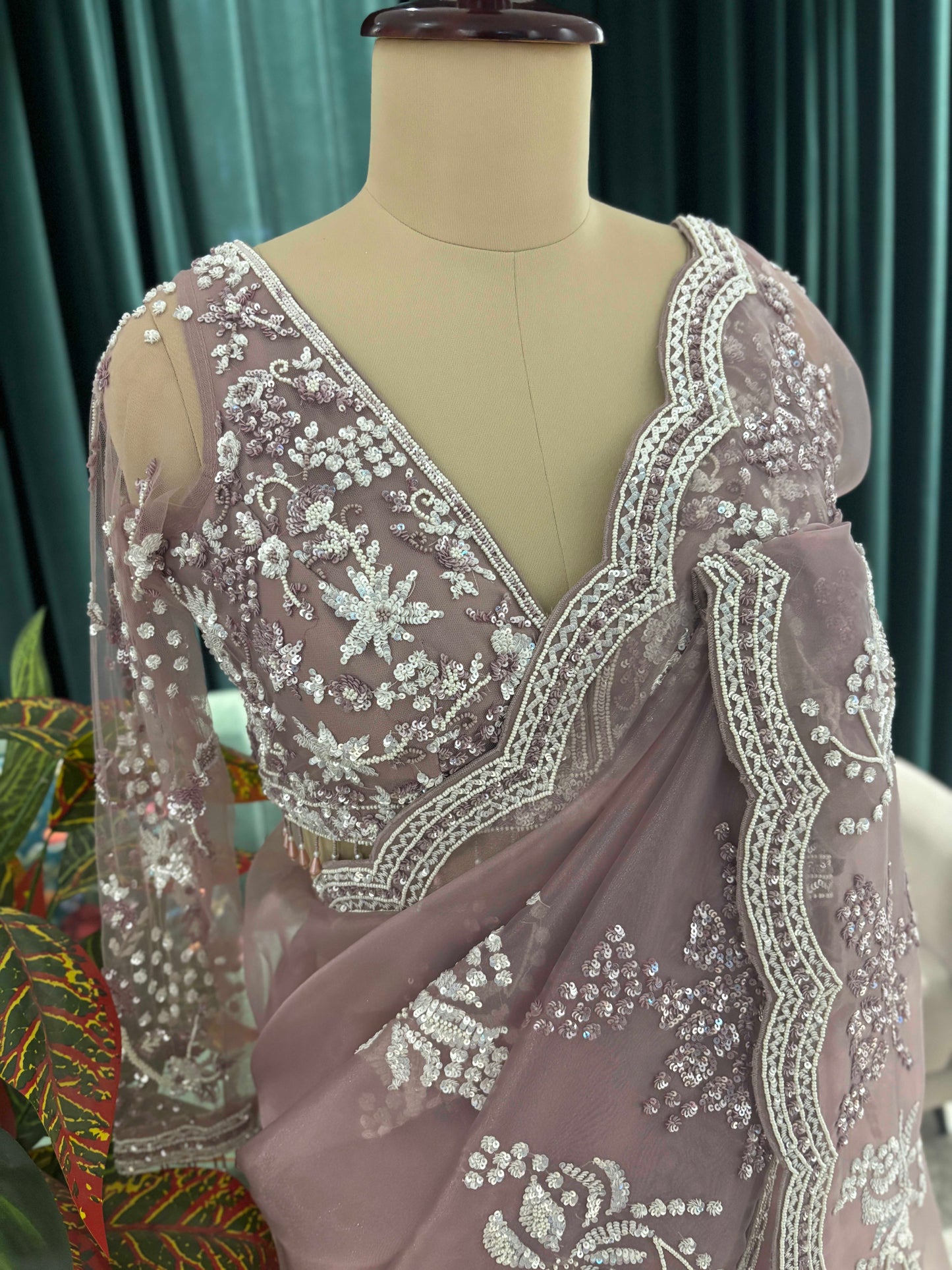 Mauve Embroidered Saree with Scalloped Floral Border