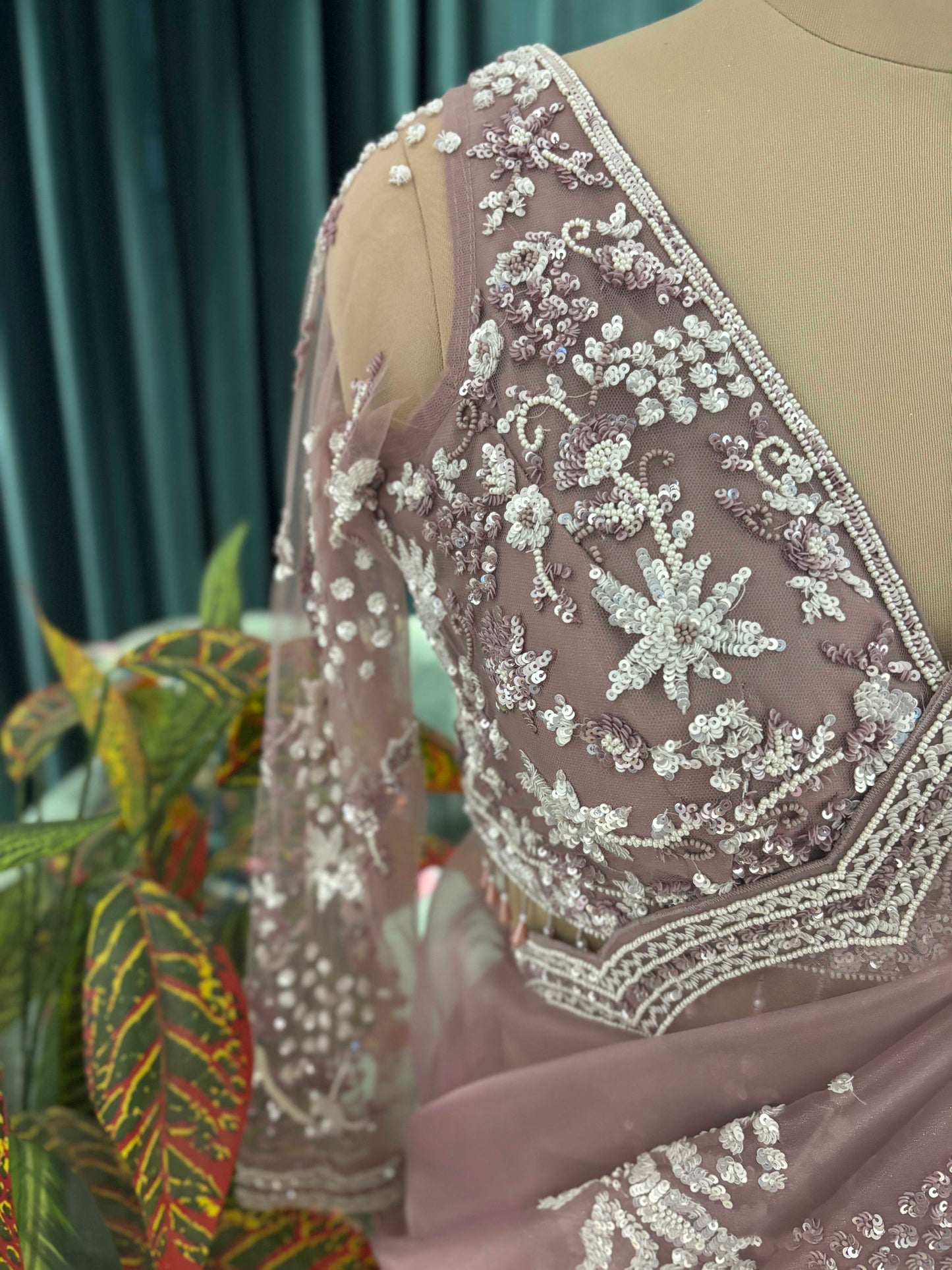 Mauve Embroidered Saree with Scalloped Floral Border