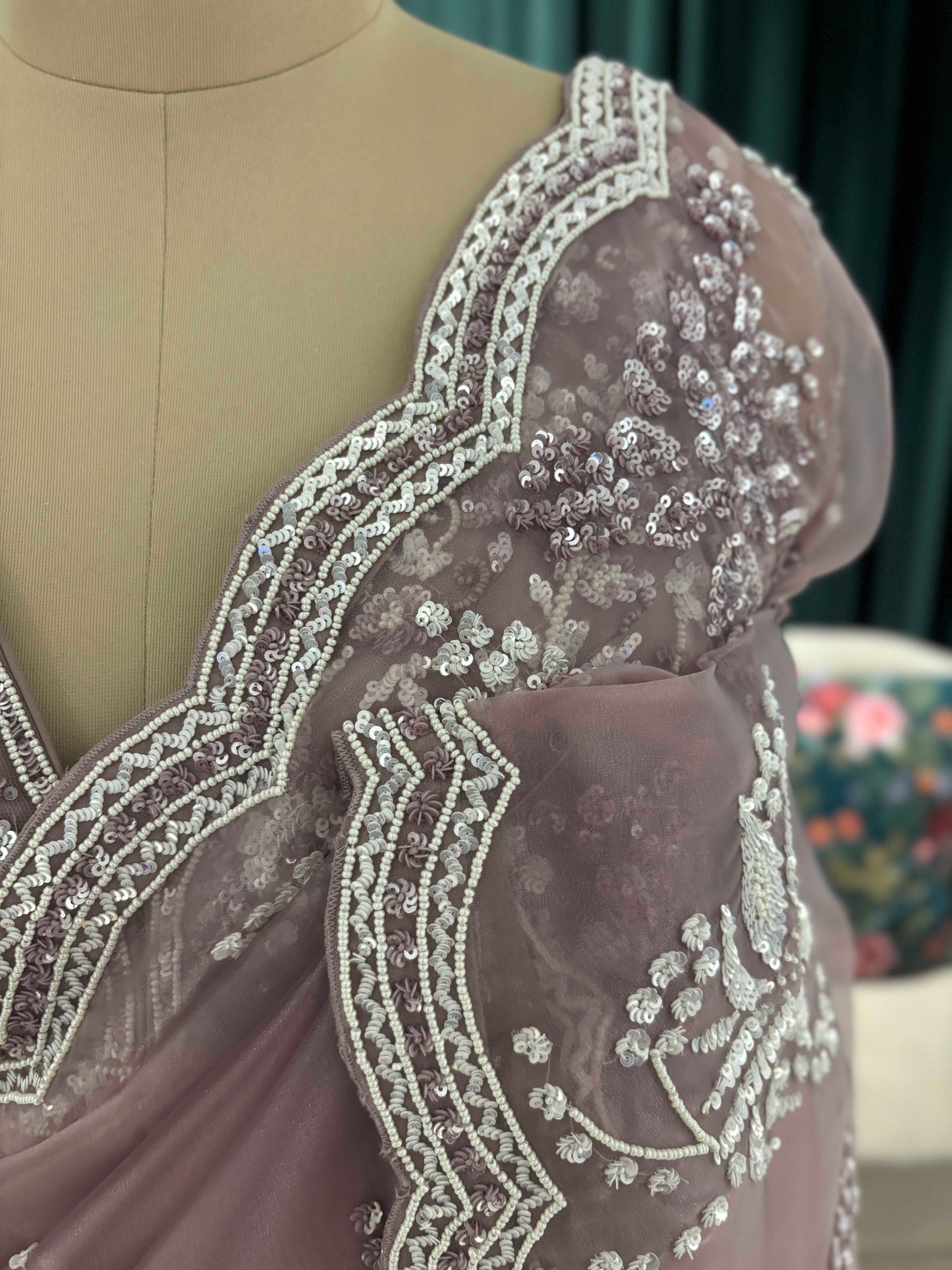 Mauve Embroidered Saree with Scalloped Floral Border