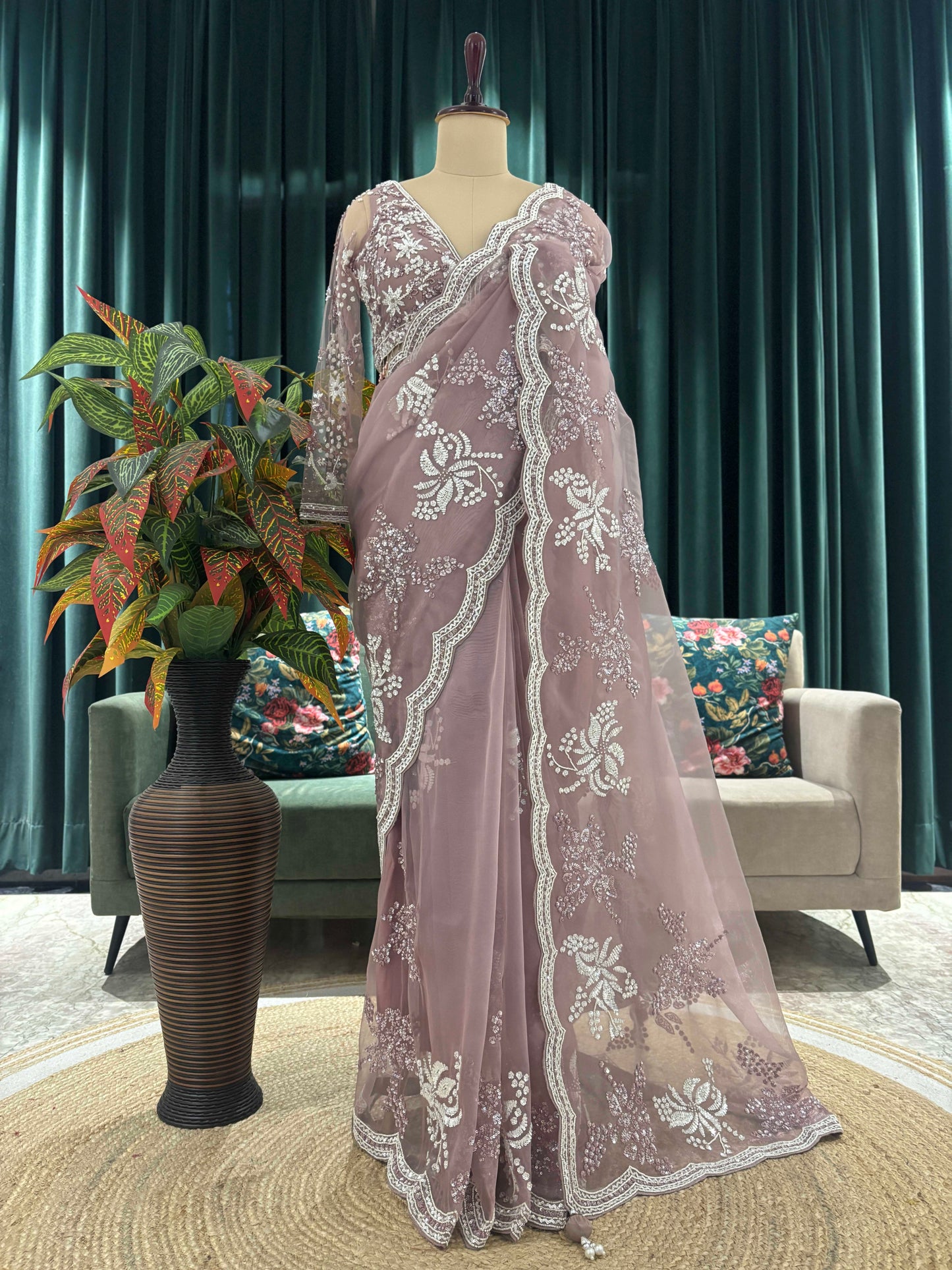 Mauve Embroidered Saree with Scalloped Floral Border