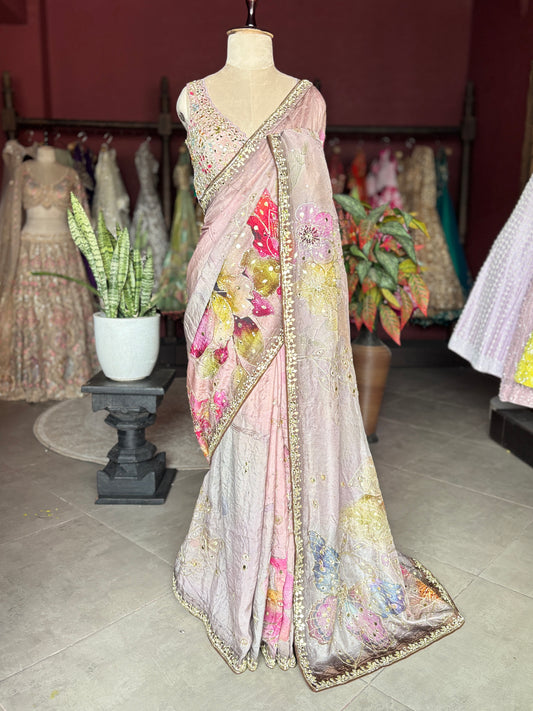 Pastel Pink Designer Saree with Floral Print & Embellished Border