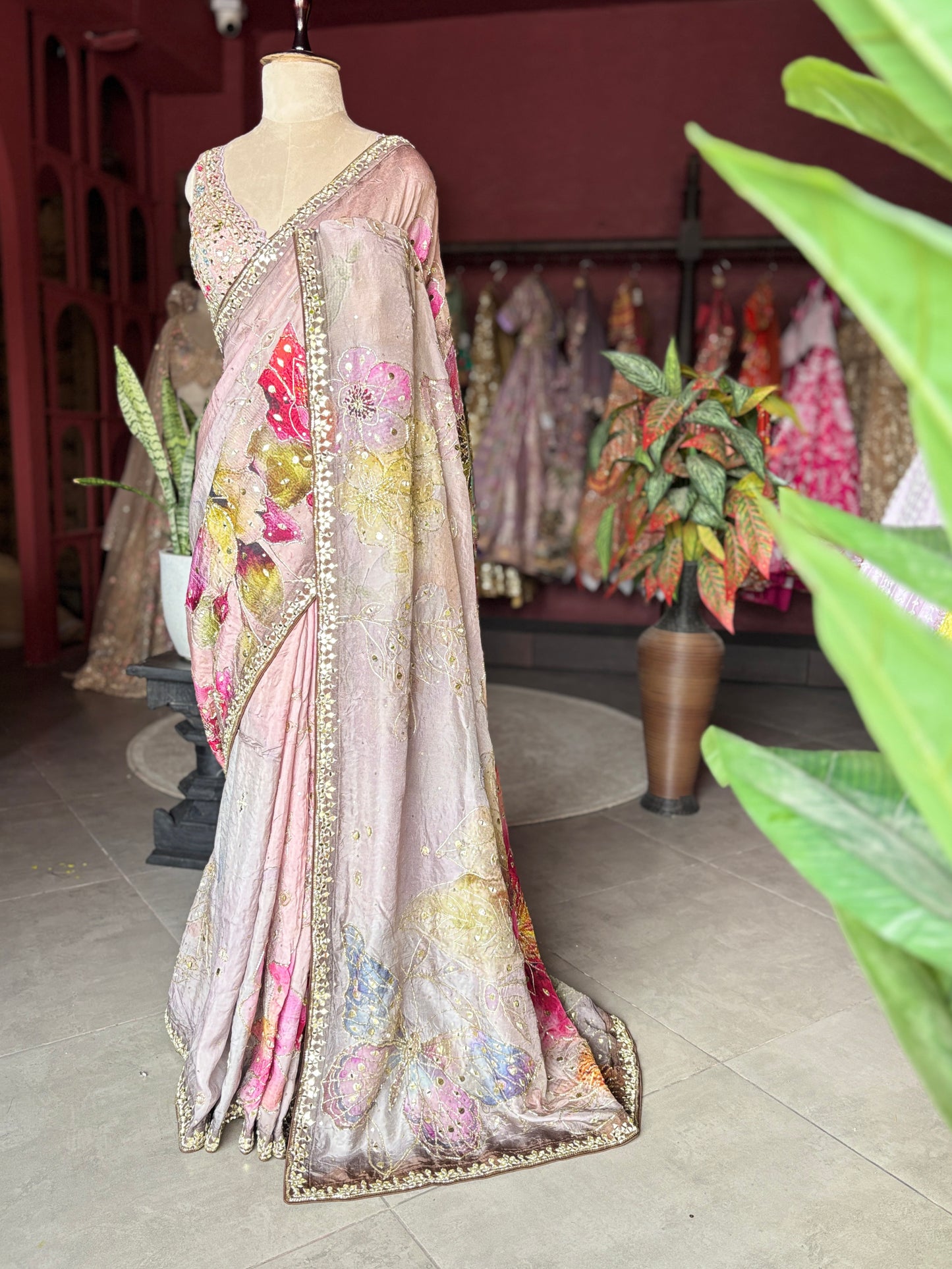 Pastel Pink Designer Saree with Floral Print & Embellished Border