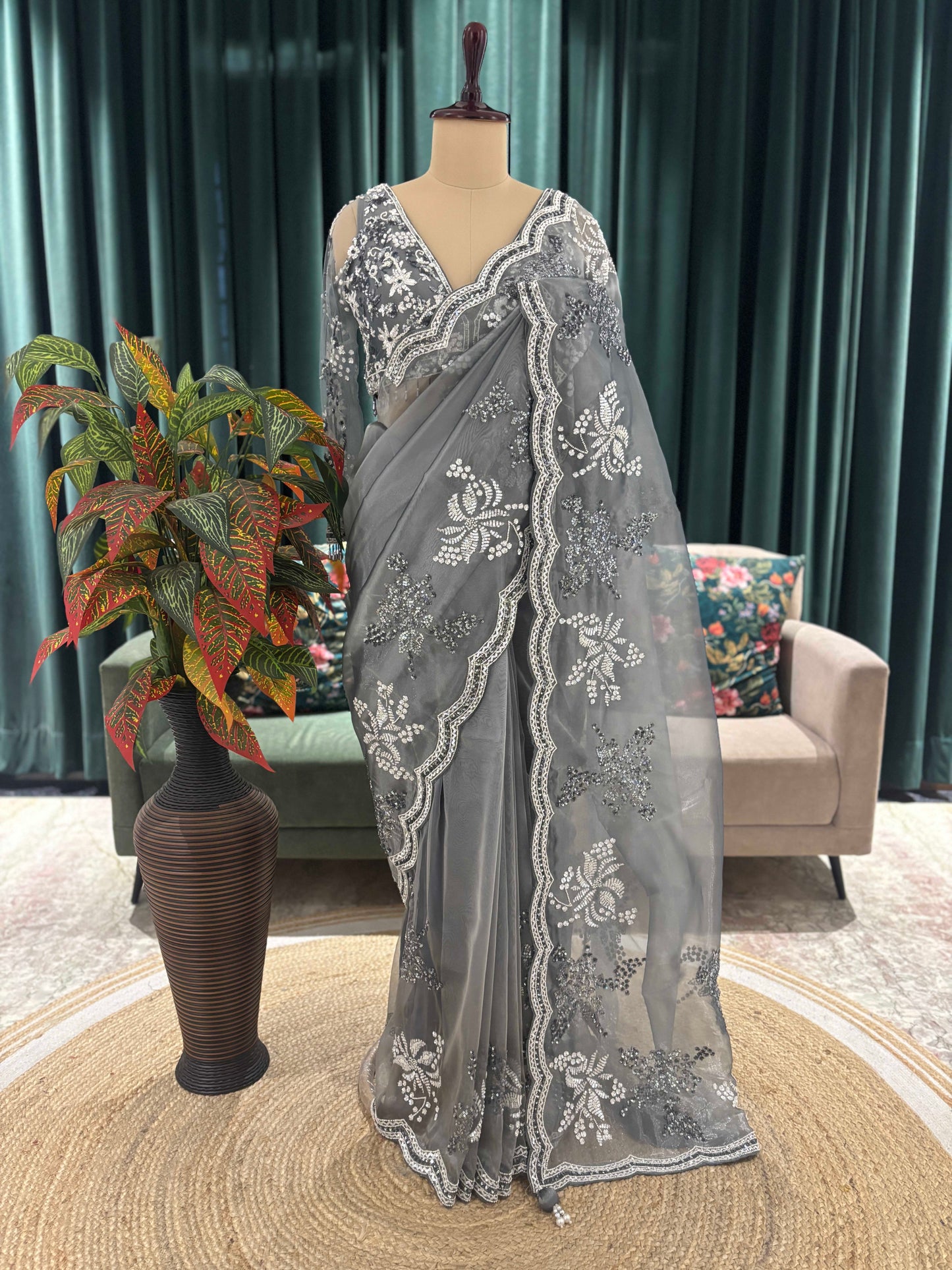 Slate Grey Embroidered Saree with Scalloped Border