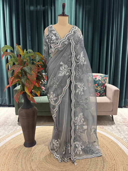 Slate Grey Embroidered Saree with Scalloped Border