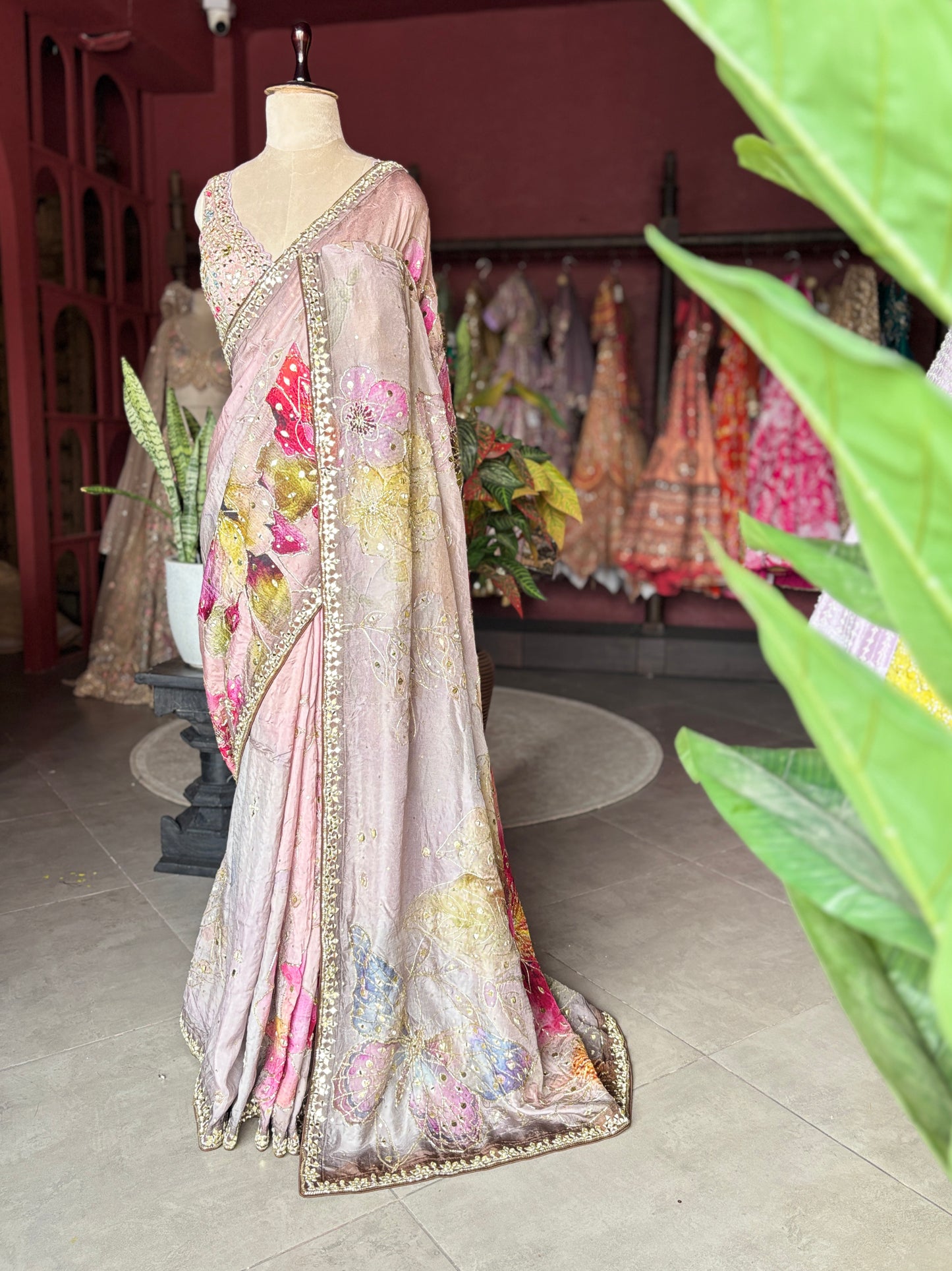 Pastel Pink Designer Saree with Floral Print & Embellished Border