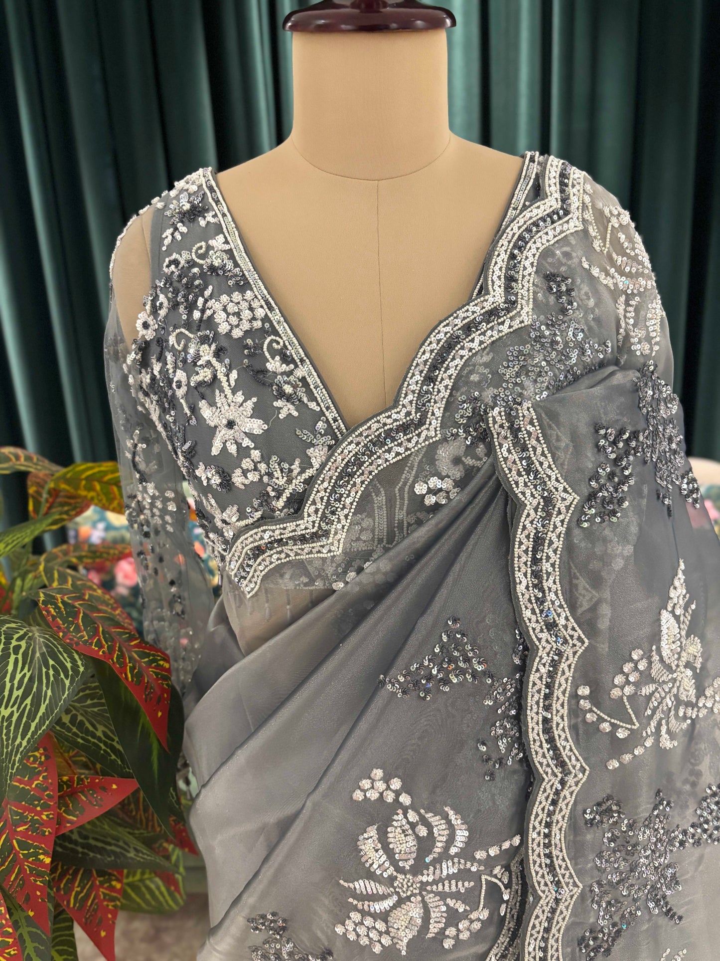 Slate Grey Embroidered Saree with Scalloped Border