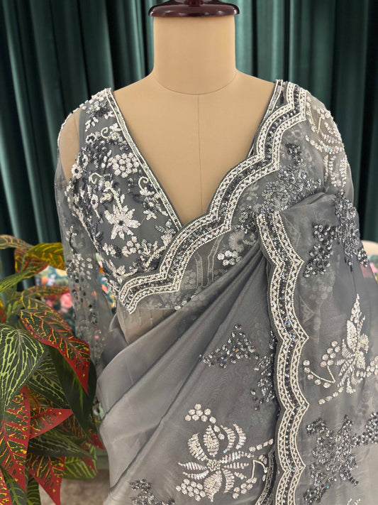 Slate Grey Embroidered Saree with Scalloped Border